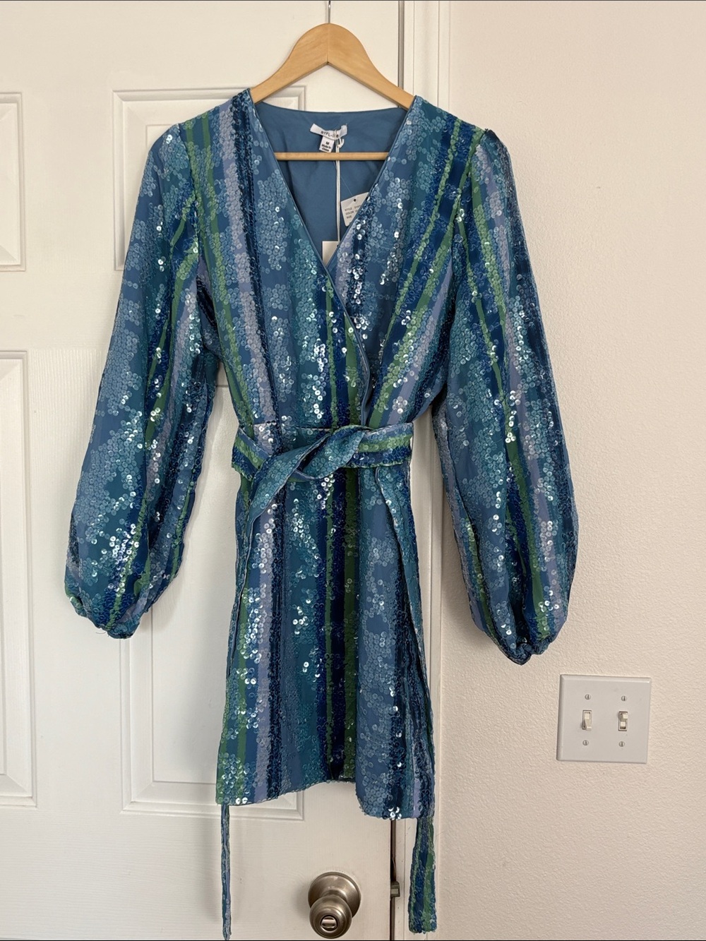 BTFL-Life NWT Sequined Blue Stripe Wrap Mini Dress